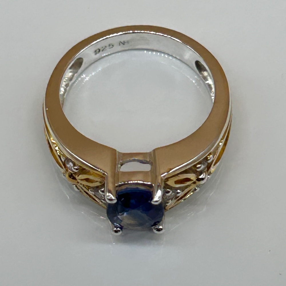 Michael Valitutti Blue Sapphire Diamond 925 Sterling Silver 18K Gold Ring Size 6 - Picture 6 of 9